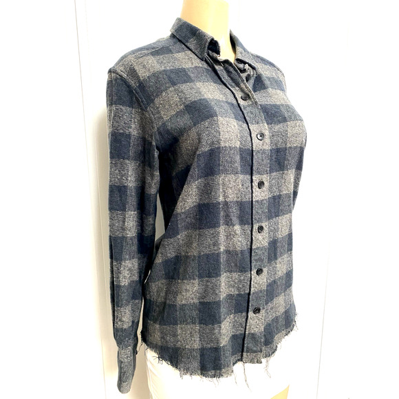 IRO Jeans Shirt Button Gray Plaid Donella Raw Hem Cotton Long Sleeve Roll Tab S - Picture 3 of 7